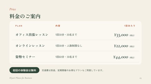 スライド「働く人の、呼吸を整える時間。」5枚目：料金