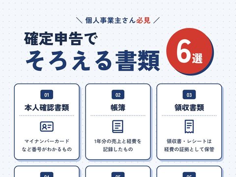 図解の制作サンプル。「確定申告でそろえる書類6選」を、番号付きのカードとアイコンで整理した画像。