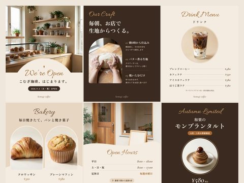 インスタ投稿の制作サンプル。カフェをテーマにした投稿画像を、色調をそろえて並べた画像。